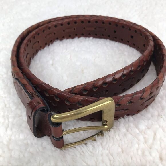 Brown Leather Brass Buckle Perforated Weave Belt - Picture 2 of 9